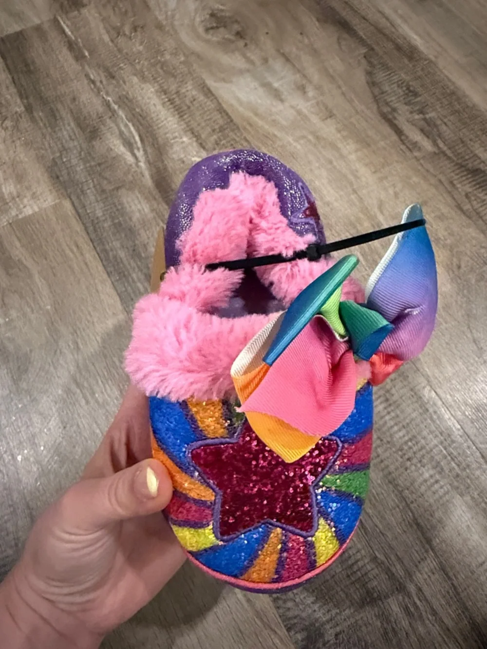 Lightly worn Kids Rainbow Glitter Slippers with Pom & Bowsize 9-10